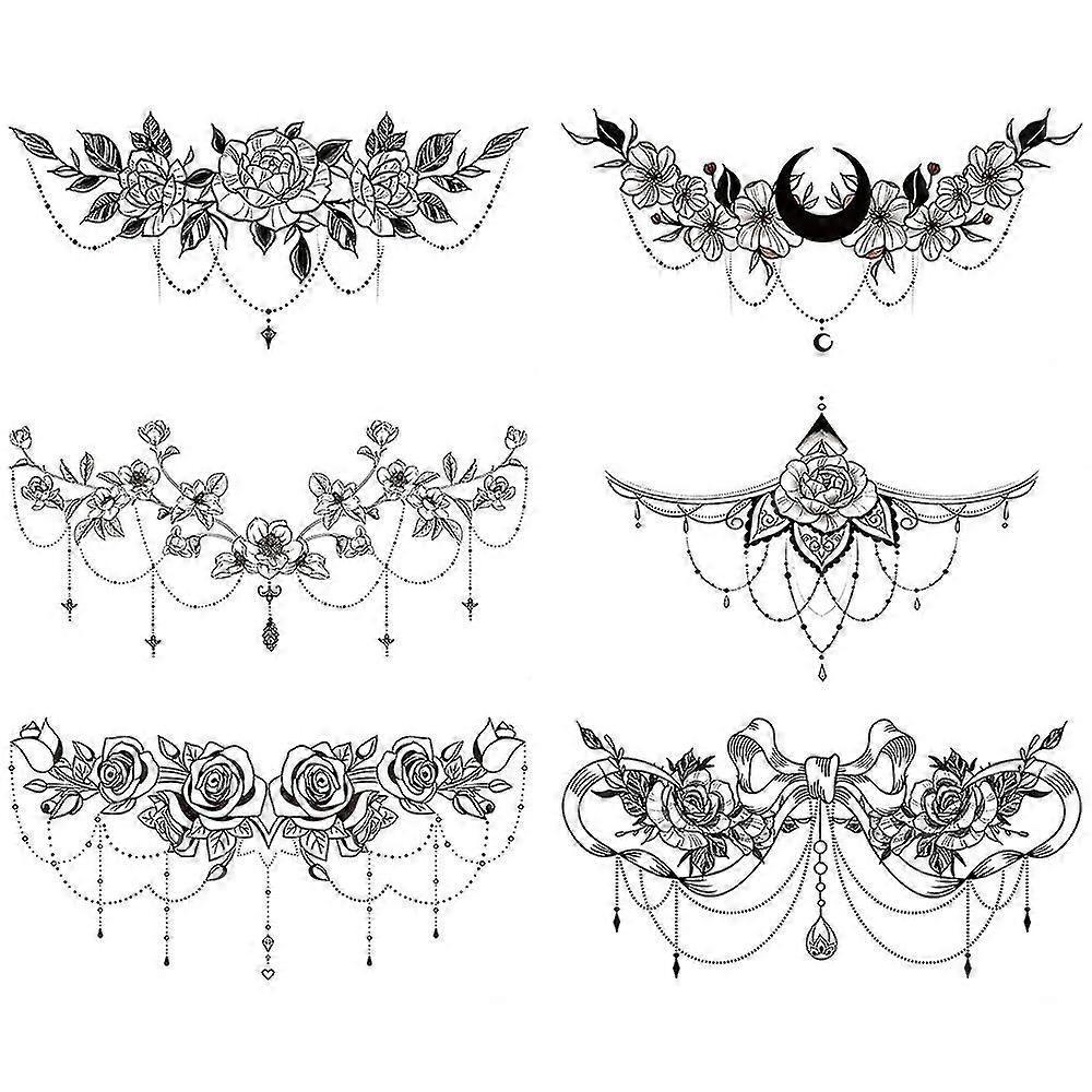 6 Sheets Black Underboob Tattoo For Women, Flower Moon Bowknot Rose Designs Temporary Tattoo Stickers On Chest Waist