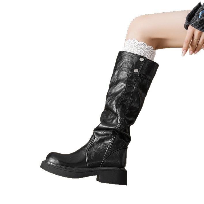 Cowhide version~ French retro 5cm height increase~ three-dimensional round head thick sole thick heel snap button knight boots women's autumn and