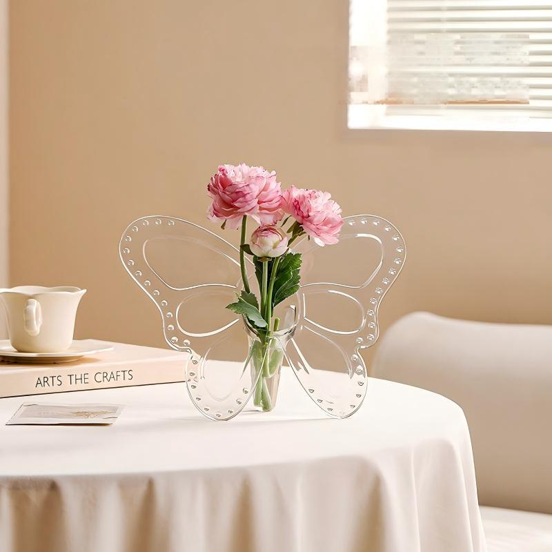 Ins Style Butterfly Shaped Clear Vase Plastic Frame Vase Water Plant Flower Vase Decoration Home Living Room Desktop Ornament