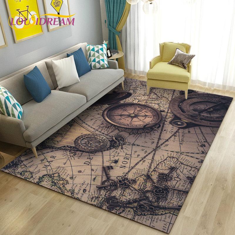Alfombra retro con diseño de mapa del mundo vintage y brújula, para sala de estar, dormitorio, sofá, decoración, alfombra antideslizante para el suelo