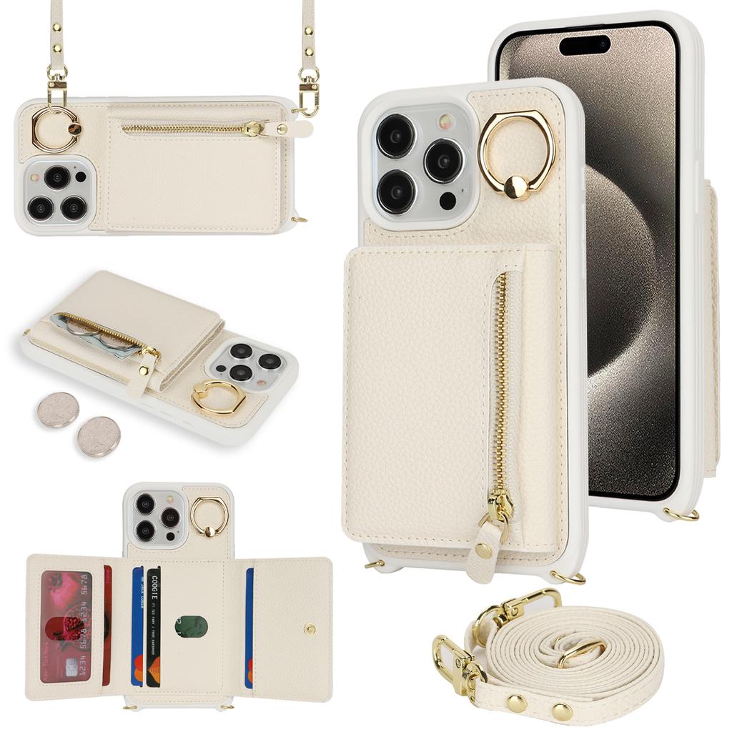 For iPhone 14 Pro Case Card Bag Ring Kickstand PU Leather+TPU Phone Cover with Shoulder Strap