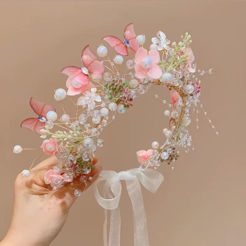 Golden Fairy Leaf Flower Pearl Headband - Elegant European Crown for Girls' Weddings