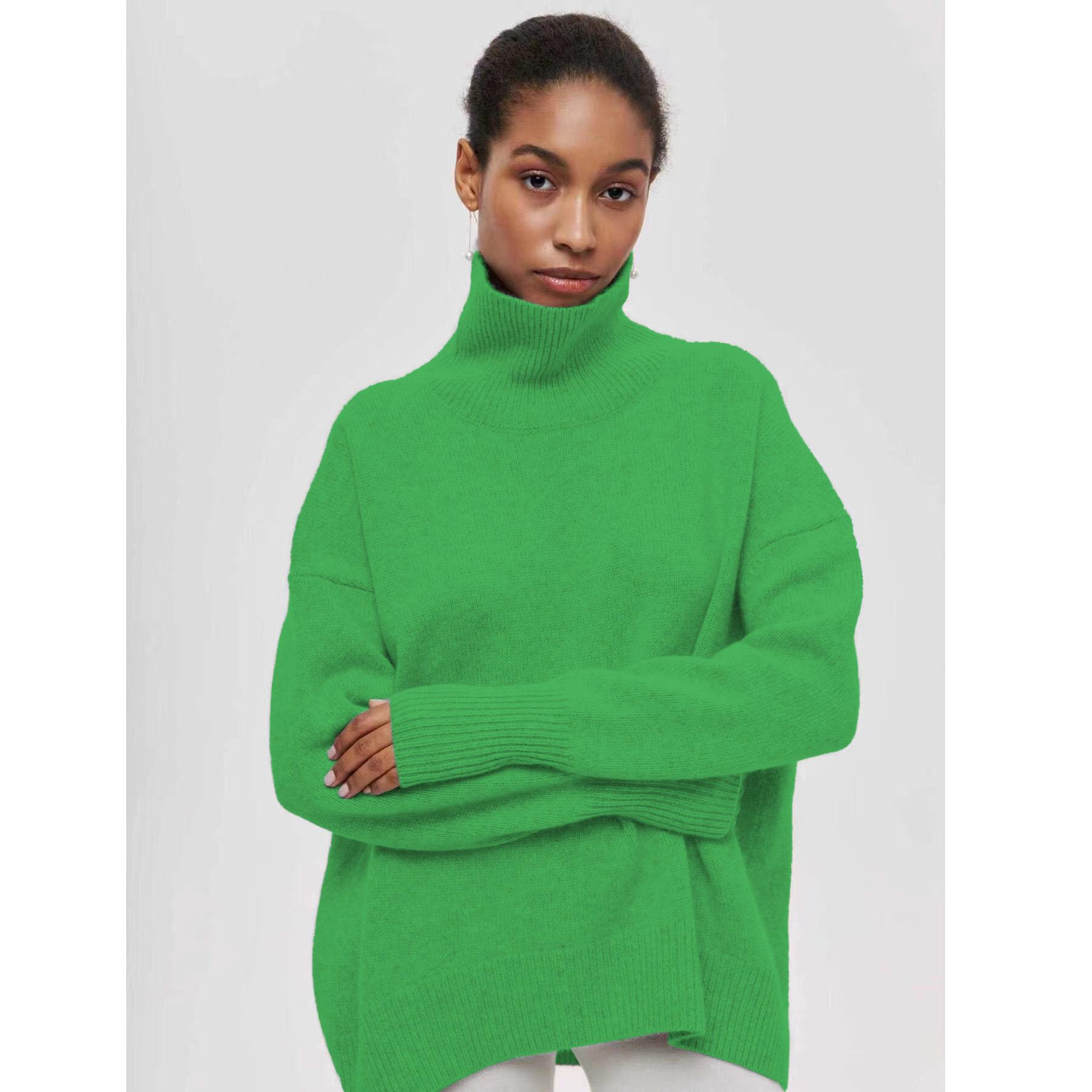 

Осень-зима Женский свободный свитер с высоким воротом, большой размер, топ с длинным рукавом, осенний повседневный свободный джемпер, толстые теплые вязаные пуловеры для женщин XXXXL темно-зеленого