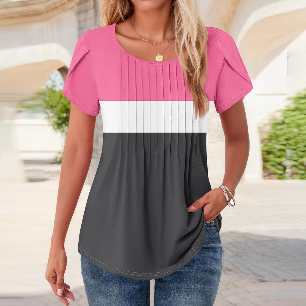 Womens Tops Petal Short Sleeve Summer Round Neck Shirts Floral  Printing Blouses For Women Dressy Casual