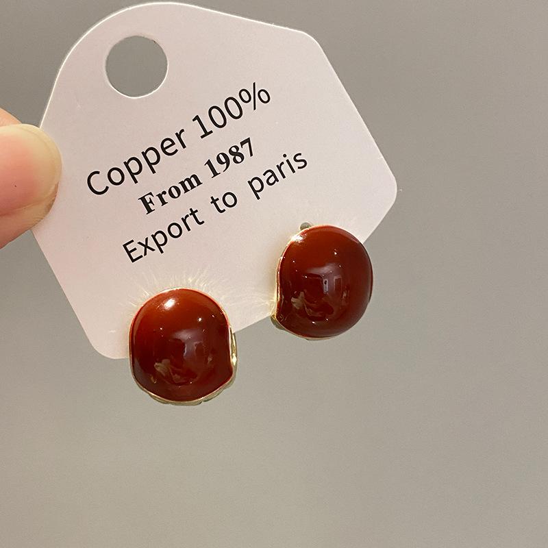 2025 New Red Drip Glaze Bean Ear Cuffs: Women's Elegant, Round, Versatile High-End Earrings