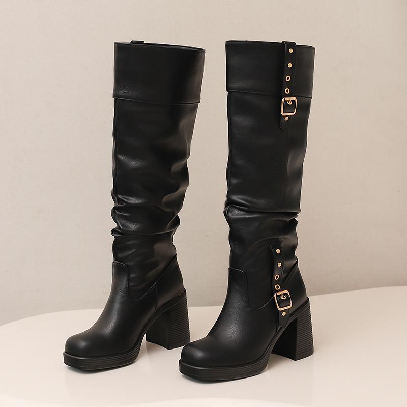 Women's High-heeled Boots Autumn and Winter Thick-heeled Large-size Casual Boots Roman Medium Boots