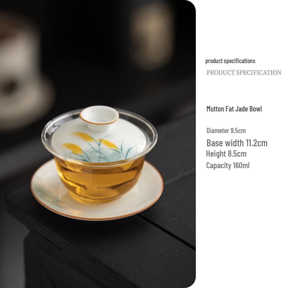 Chinese Hand-Painted Gaiwan Tea Set with Borosilicate Glass and Mutton Fat Jade White Porcelain