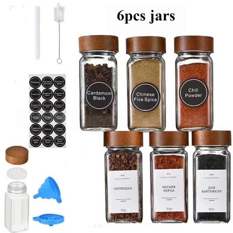 6/12 st Set 120ml Glas Kryddburkar med Trälock Pepparströare Kryddbehållare med Etiketter Köksförvaringsorganisatör