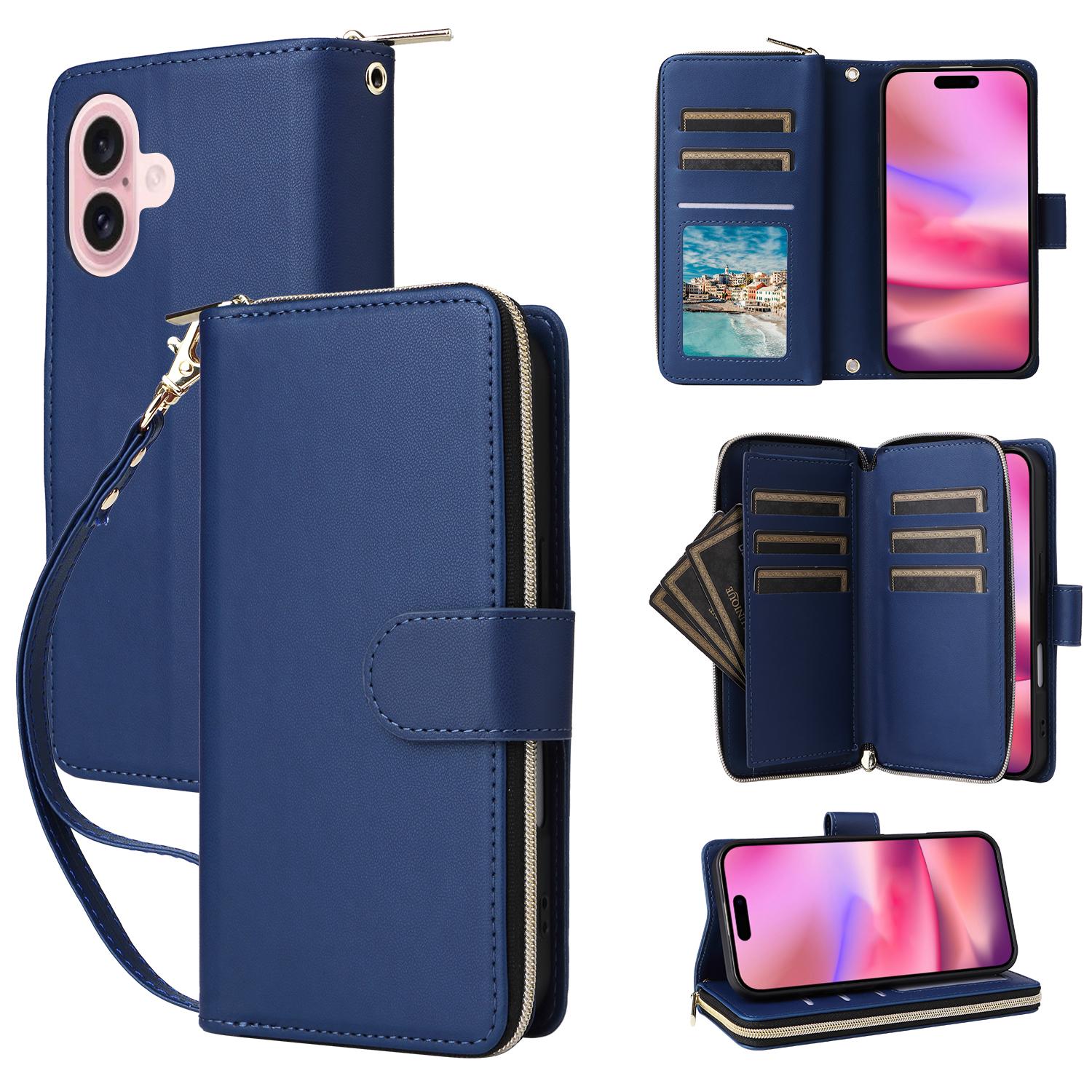 

R20 For iPhone 16 Plus Case Zipper Wallet 9 Card Slots PU Leather Phone Cover Blue