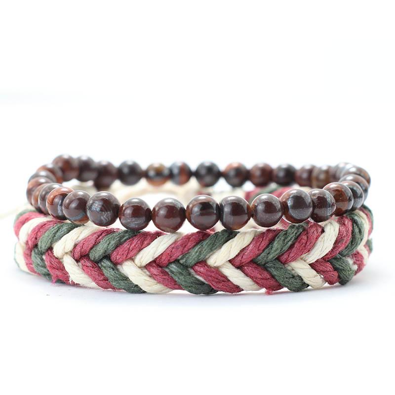 2Pcs Vintage Ethnic Style Natural Wood Beads Stacked Woven Hand Rope Bracelet Set Men Bohemian Couple Beaded Braclet