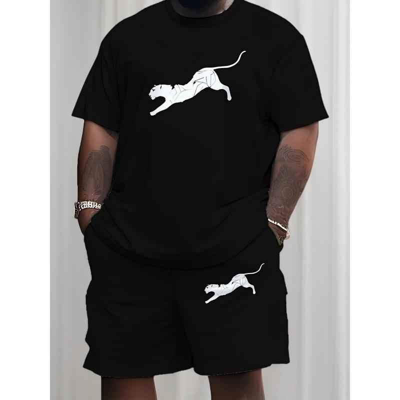 

European sizes Stylish Black Short-Sleeve Tee with White Leaping Cheetah Graphic - Casual Summer Fashion Top for Trendy Outfits 4XL чорний