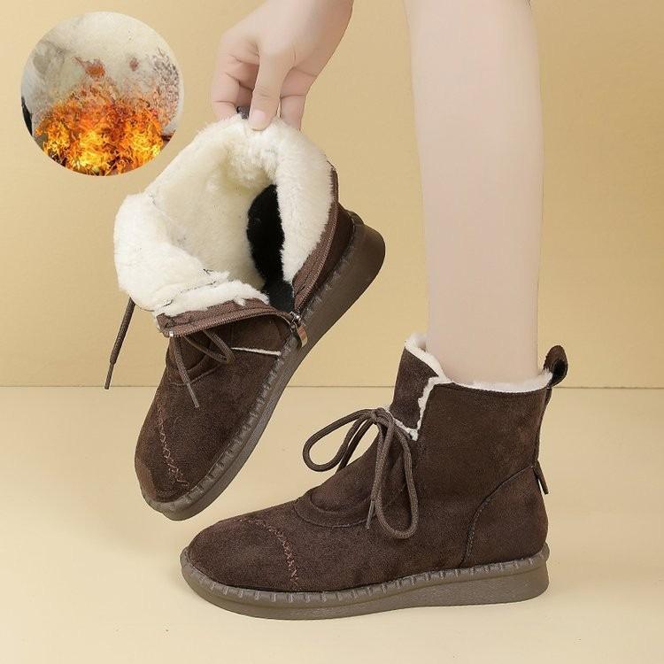 Thick-fibered Cotton Boots for Women, New Style, Soft Leather, Retro Casual Flat Shoes