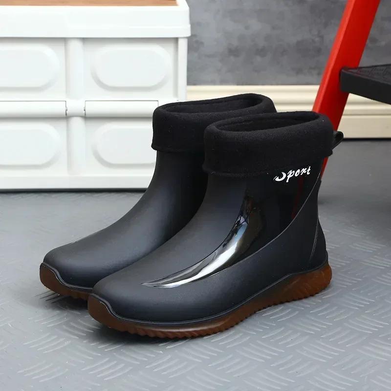 2024 Rain Boots Men's Waterproof Drawstring Rain Shoes Velvet Padded Suit Warm Non-Slip Flat Fashion Take-out Rider Rain Boots