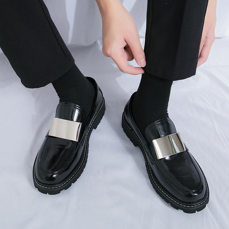 Foreign trade new spring and autumn men's large size platform loafers glossy metal business gentleman one-pedal business leather shoes