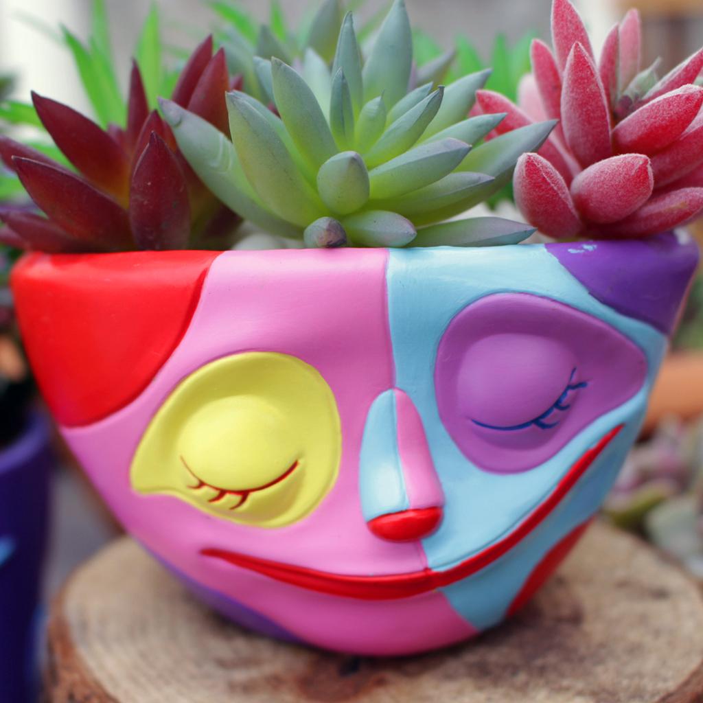Kaufe 1 Stück neuer bunter Blumentopf mit Gesicht, dekorative Ornamente, für den Schreibtisch, Balkon, kreativer Blumentopf aus Kunstharz für den Außenbereich zum Preis ab 12