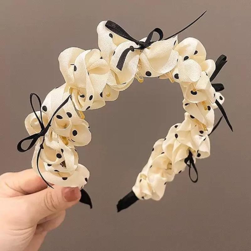 Retro Charm Polka Dot High Crown Comb Headband with Bow for Women’s Hair Accessory бежевый