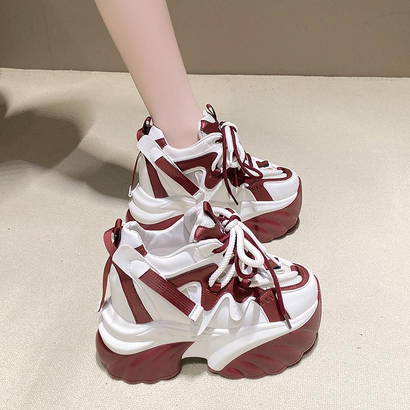 Fashion 10CM Women High Platform Sneakers Autumn Winter Lace-up Chunky Shoes Heels Thick Sole Casual Shoes Woman Sport Leather Sneakers