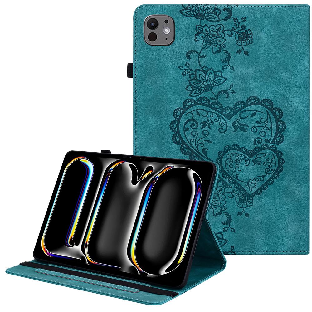 For iPad Pro 11 (2025)/11 (2024) Leather Case Heart Imprint Foldable Stand Card Slot Stylus Holder Tablet Cover