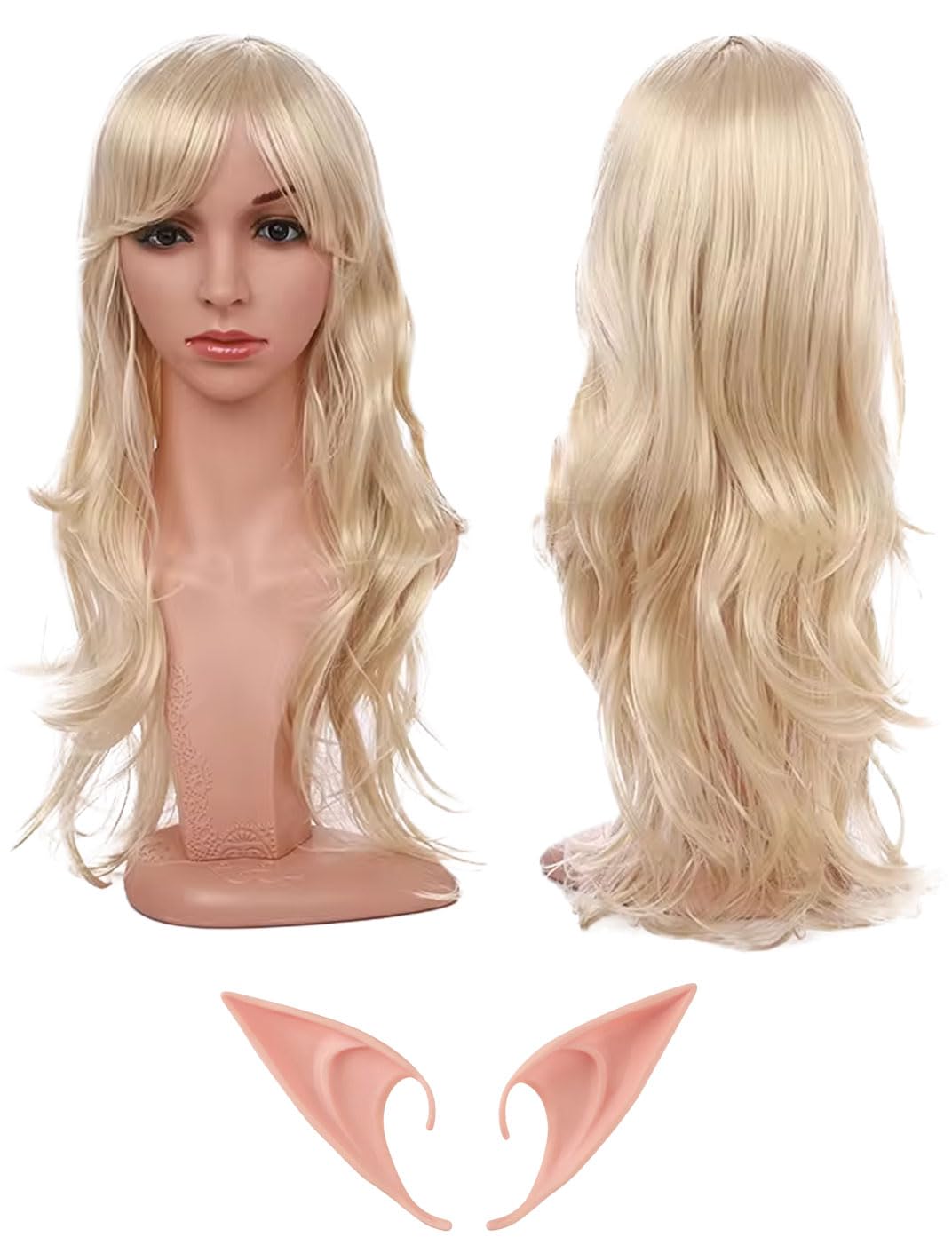 

morytrade Косплей Эльфийские Уши Костюм Хэллоуин 3 предмета Длинный Волнистый Парик (Золото) золотой