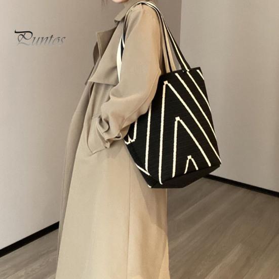 Women Shoulder Bag Wave Braided Texture Contrast Color Large Capacity Open Design Lightweight Portable Handbag for Daily Travel Commuting