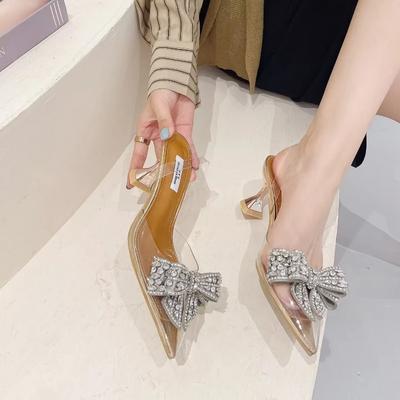 Mode Sexy Spitz Zehenbereich PVC Transparent Überzug Dünne Hochhackige Sandalen Sommer Strass Schmetterlingsknoten Hochzeit Ballschuh für Frauen