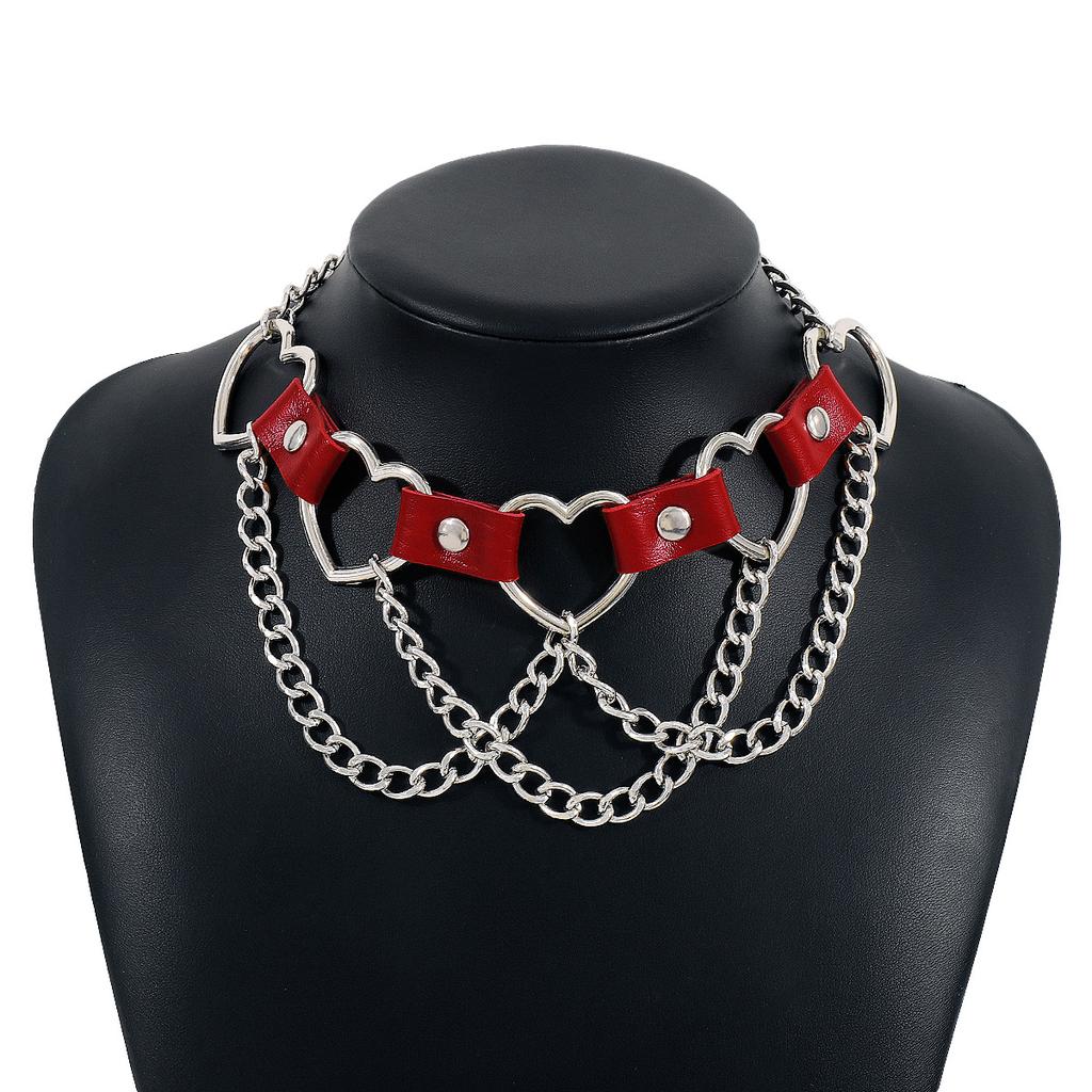 Women Hip Hop Punk Style Exaggerated Necklace Metal Texture PU Heart Jewelry Trendy Cool Personality Clavicle Necklace Jewelry