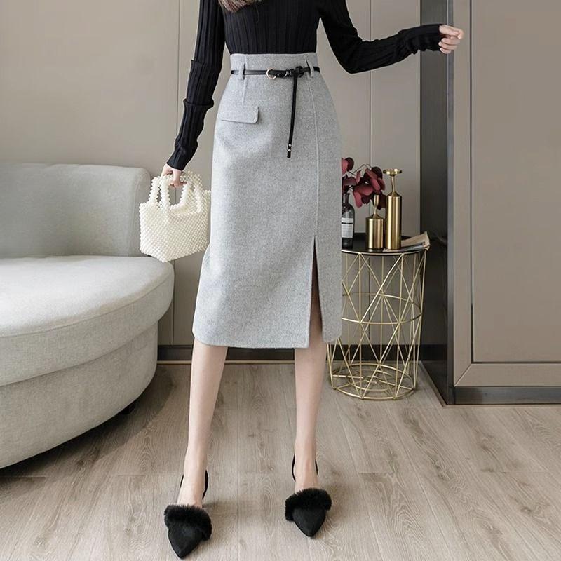 Autumn Wool Skirt High Waist Pencil Midi Skirts Women Elegant Office Outfit
