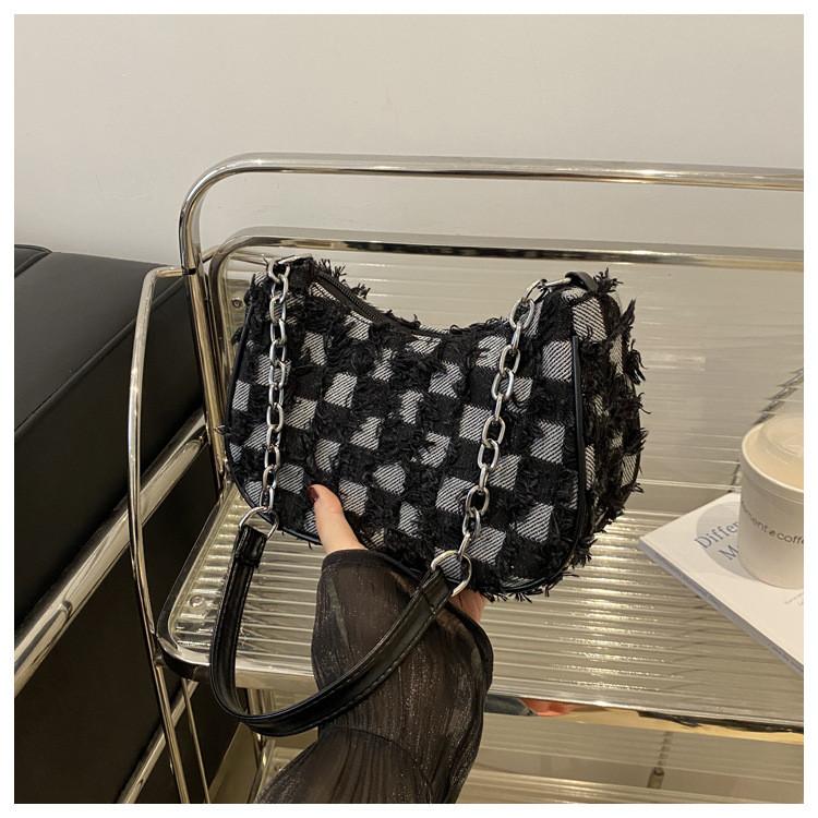 Street Style Star Pattern Denim Chain Crossbody Bag With Zipper Closure For Daily Use