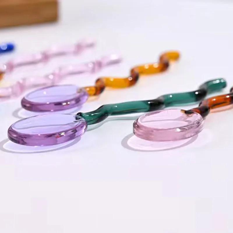 1PC Long Handle Creative Spoons Colorful Transparent Glass Ice Cream Spoon Kitchen Coffee Tea Milk Sugar Mixing Stirring Scoop