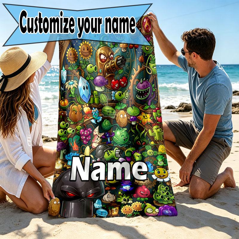 Custom Name Personalized Plants VS Zombies Print Beach Towel, for Trip Camping Beach Party Home Decor, Birthday Gift for Family & Friends