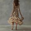 Women's Leopard Print Long Sleeve Deep V-Neck Asymmetric Ruffle Hem Dress