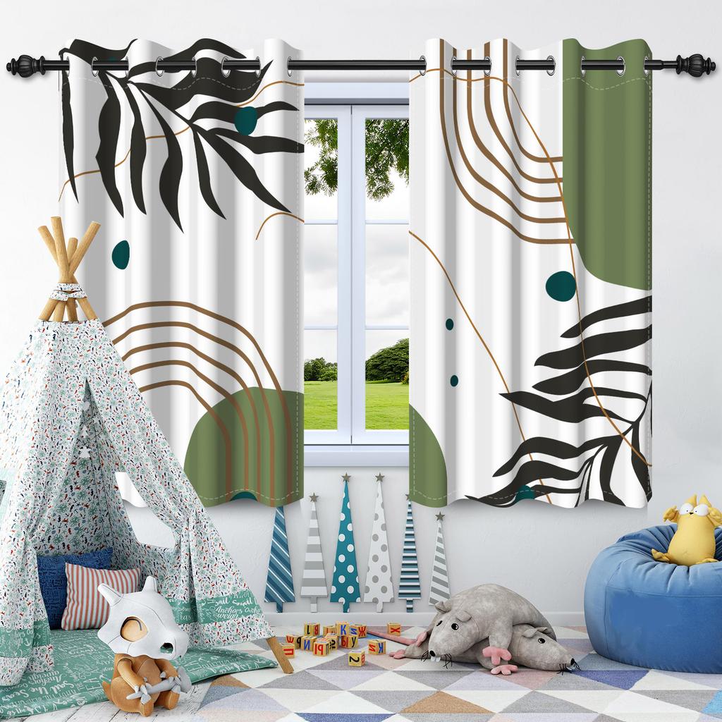 2Pcs Bohemian Style Curtains Plants Leaf Geometric Pattern Blackout Curtains Boho Window Curtain for Bedroom Apartment Decor