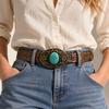 Antique Bronze Buckle Western Cowgirl Belt PU Leather Turquoise Inlaid Belt  Dress Jeans