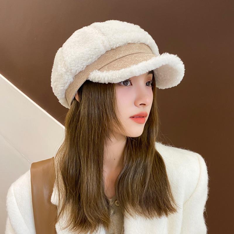 Autumn and Winter New Hat Women's Imitation Lamb Fleece Octagonal Hat Winter Warm and Cold Proof Duck Tongue Hat