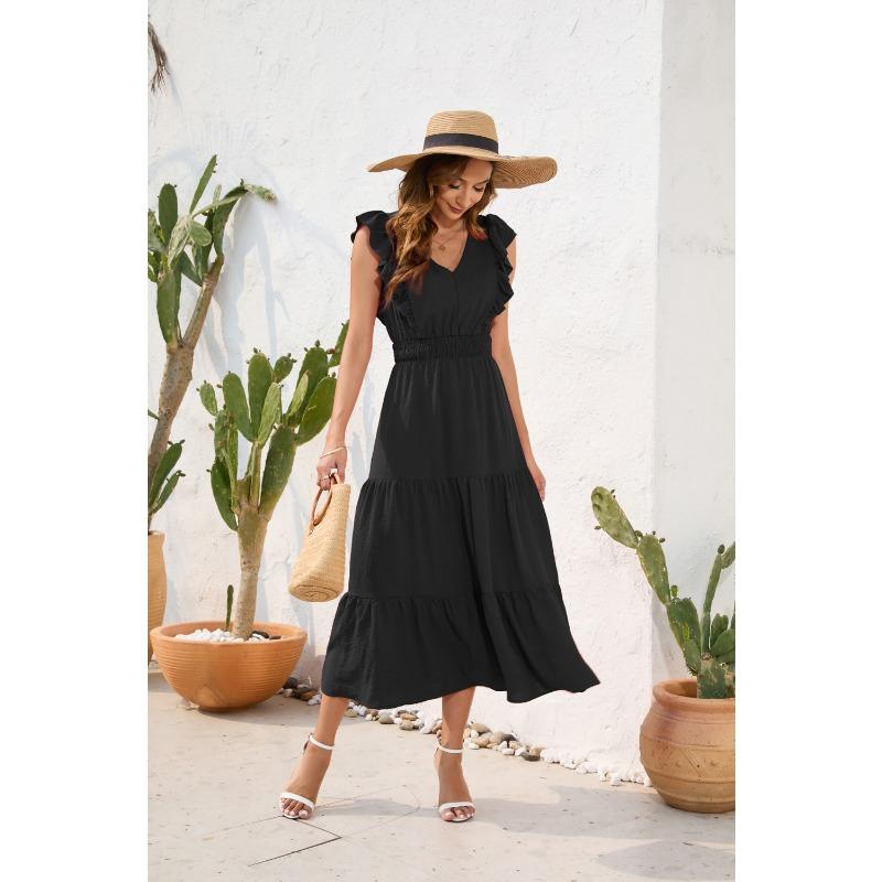 V-Ausschnitt Hohe Taille Langes Kleid Lässig Urlaubsreise