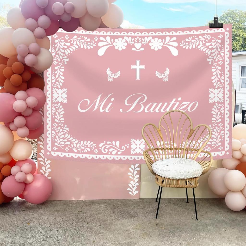 Mi Bautizo Banner Backdrop for Girl Pink Mexican Baptism Party Decorations God Bless First Holy Communion Photography Background Mexican Cielito