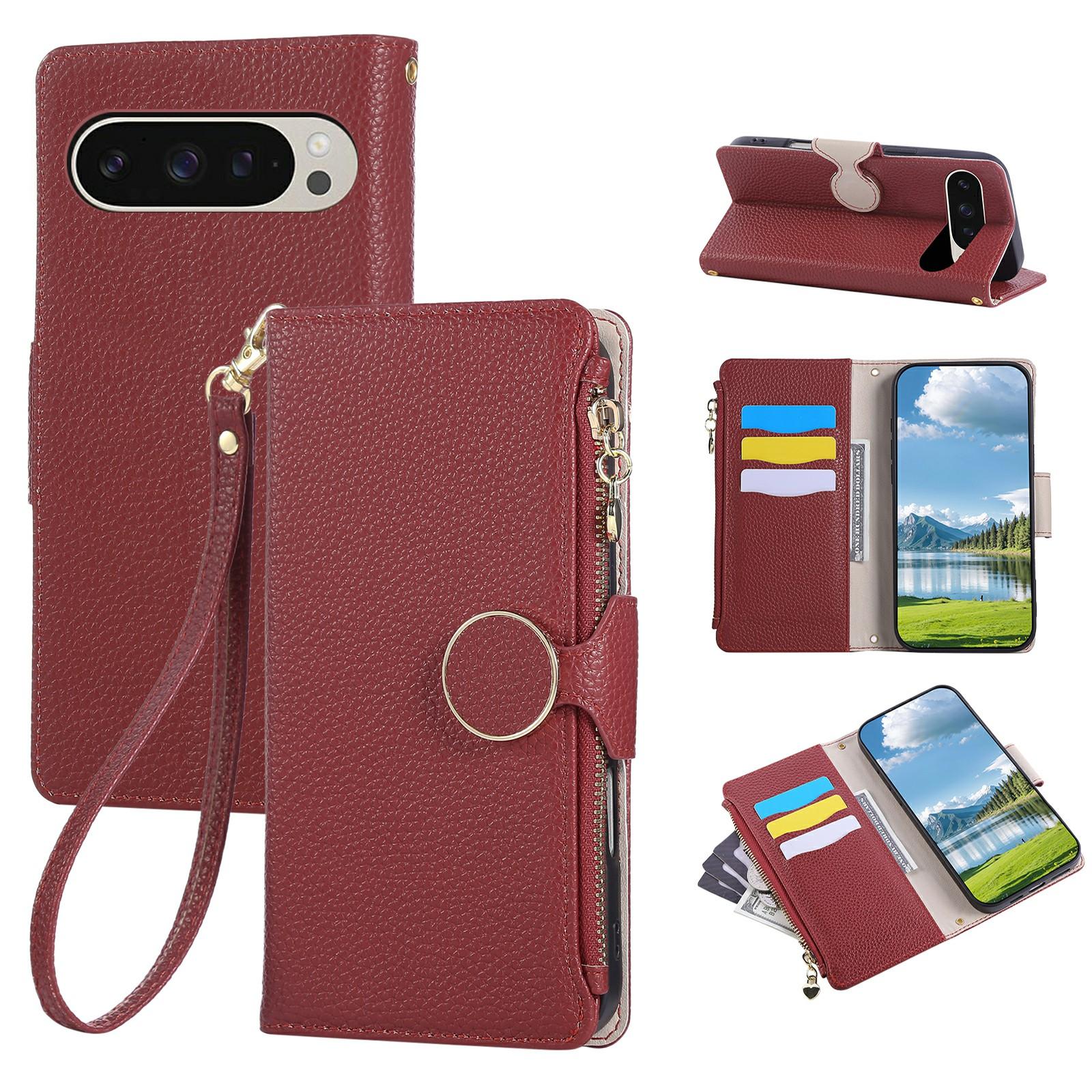 

For Google Pixel 9/9 Pro Case Zipper Wallet Leather Phone Cover with Wrist Strap D