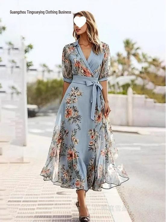 

Европейское и американское женское платье с V-образным вырезом, цифровой печатью, коротким рукавом и зауженной талией 3XL синий