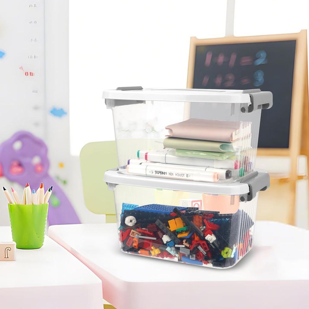 RAIN QUEEN Toy Storage Basket with Lid for Building Set of 6 Lego, Tomica, Blocks, Stackable, Transparent, Plastic,