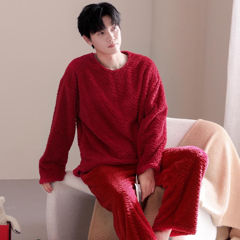 Wedding Couple Pajamas Autumn and Winter Coral Fleece Thickened and Fleece Red Festive Newlywed Men's and Women's Loungewear Set