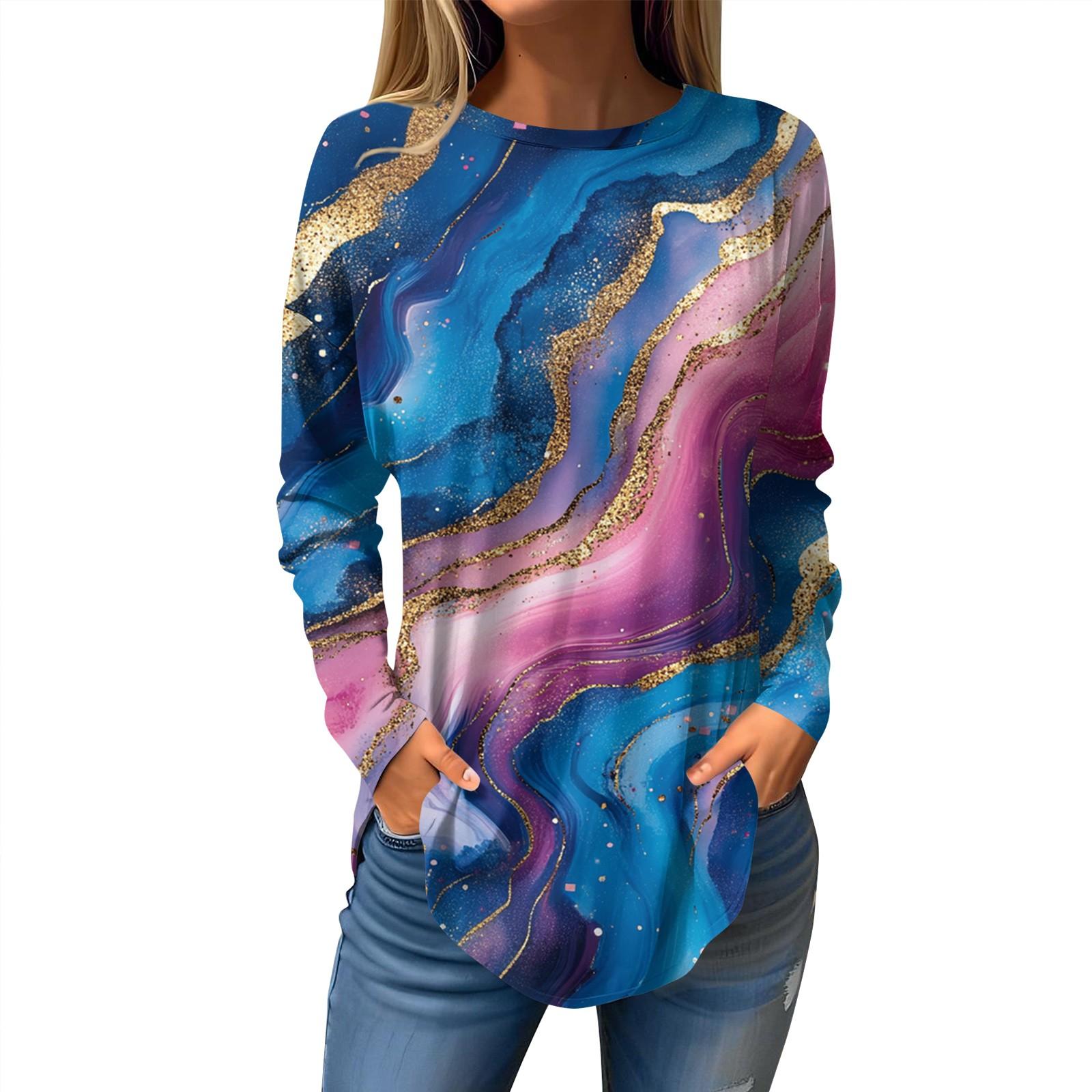 

Женская свободная повседневная футболка с принтом, круглым вырезом и длинными рукавами, пуловер, толстовка с длинными рукавами M синий