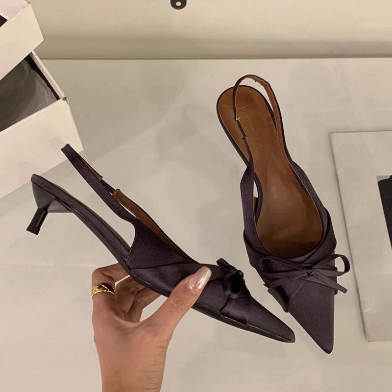 Fashion SUOJIALUN New Brand Women Sandal Shoes Fashion Pointed Toe Bow-Knot Shallow Slip On Slingback Shoes Thin Low Heel Dress Pumps