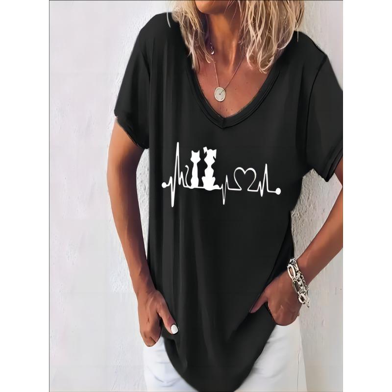 Nadměrné tričko Plus Size pro ženy: 3D rozkošná kočka, výstřih do V, letní módní streetwear, prodyšné, ležérní