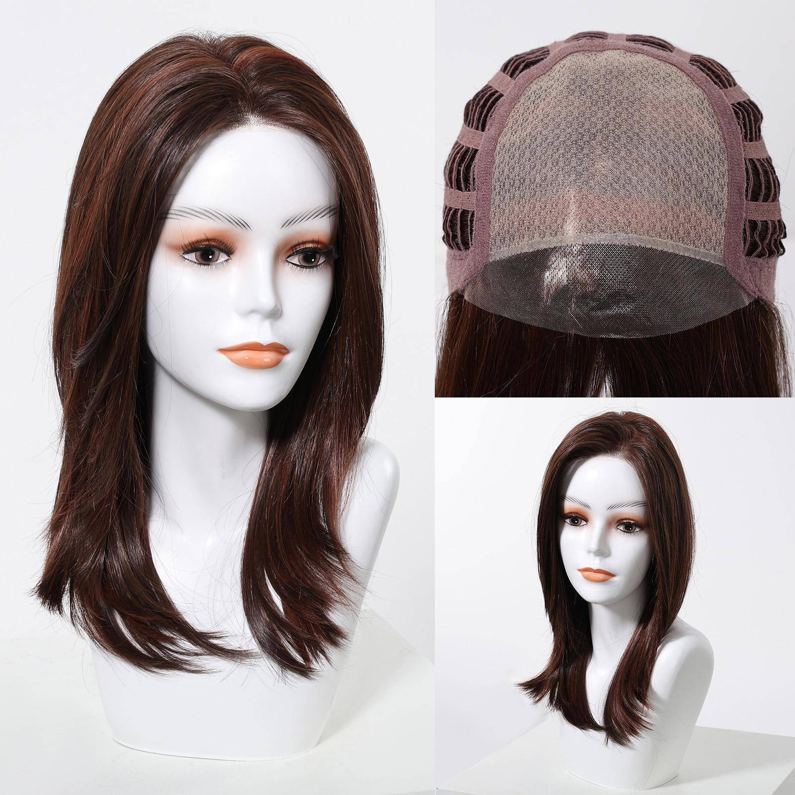 

HAICUBE Коричневе світле людське волосся Futura Перуки середньої довжини з прямим волоссям Перука з мононитки для жінок Імпортні шовкові безклеєві волосся