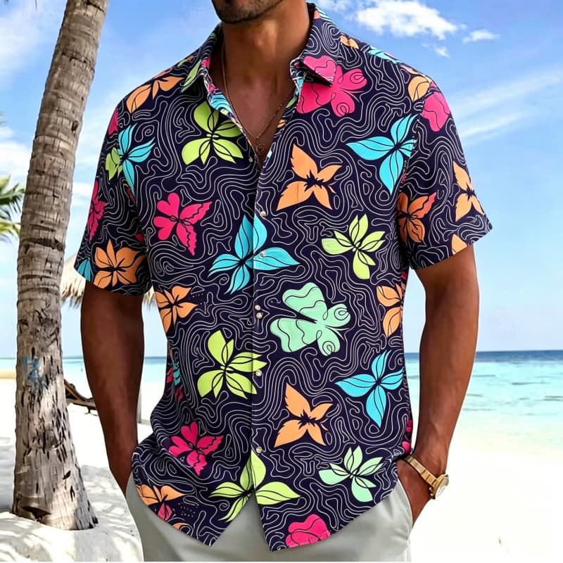 Men's Neon Tropical Printed shirt, Short Sleeved Shirt With pockets, Suitable For Beach Travel And Psychedelic Summer Atmosphere