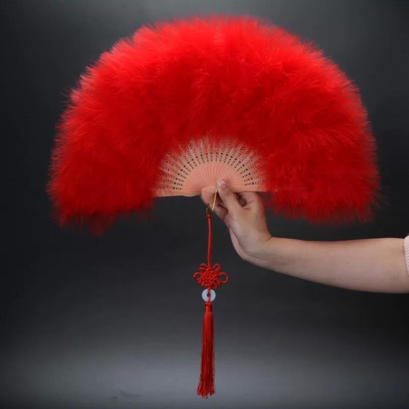 Ventaglio di Piume con Velluto Completo e Piume Ispessite, Ventaglio di Piume d'Oca, Ventaglio Pieghevole in Stile Cinese Tradizionale per Performance su Palco e Danza
