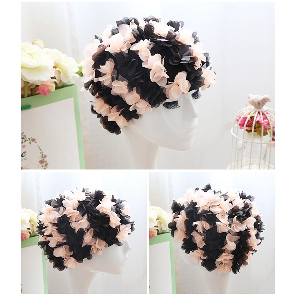 Damen 3D Blumen Design Badekappe Wasserdicht Elastisch Weich Bade Duschhaube für Damen Tauchen Schwimmen Strandkappe Badezimmerzubehör