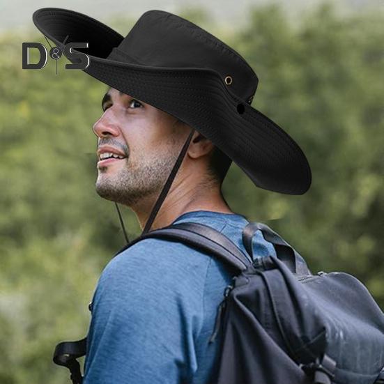 Men Fisherman Hat Flat Top Wide Brim Breathable Sun Hat Adjustable Windproof Drawstring Sun Protection Hat