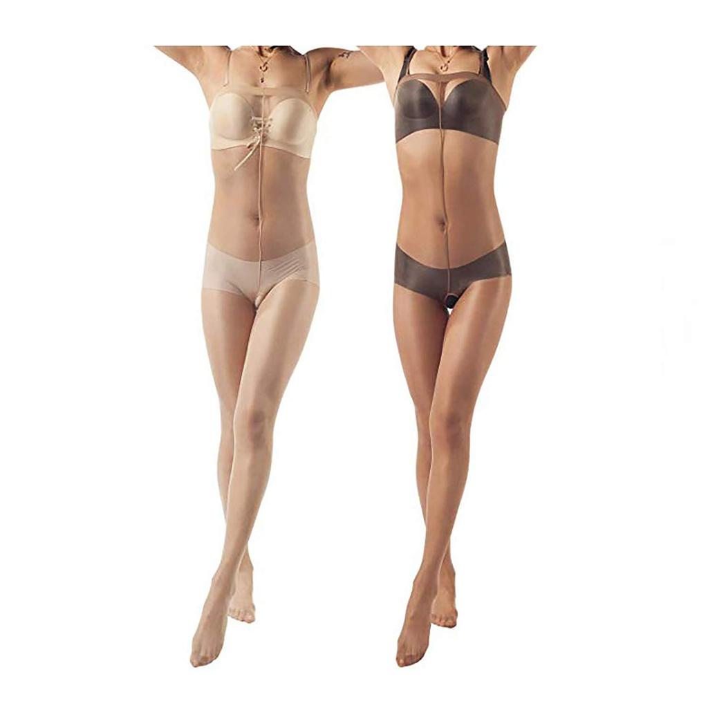 Glossy Open Crotch Perforated All Through Strap Body Stockings Long Tights of [Set 2] (Brown/Nude)