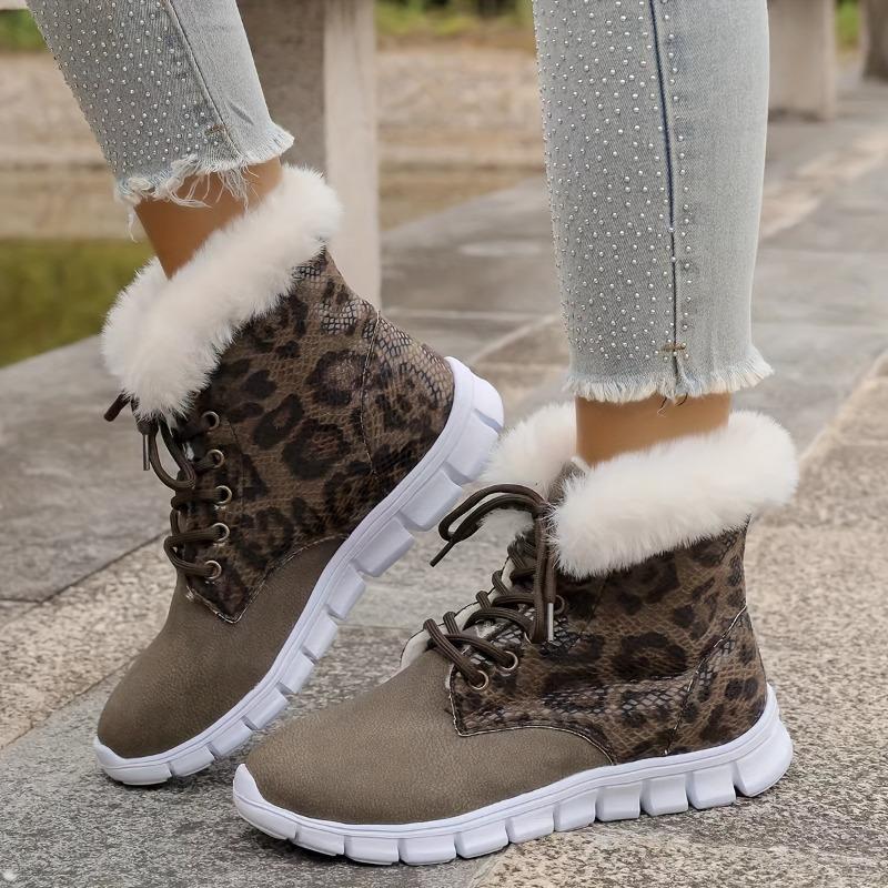 Women's Winter Ankle Boots, Mid Heel Platform Lace-Up Short Booties with Faux Fur Trim, Solid Color Plain Toe, Man-Made Upper